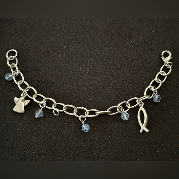 Silver bracelet with angel and fish charms with blue beads - Picture 2 of 2